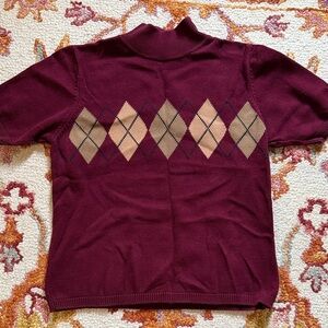 4/$25 SALE Women's Burgundy Argyle Turtleneck Short Sleeve Sweater - Acadamia